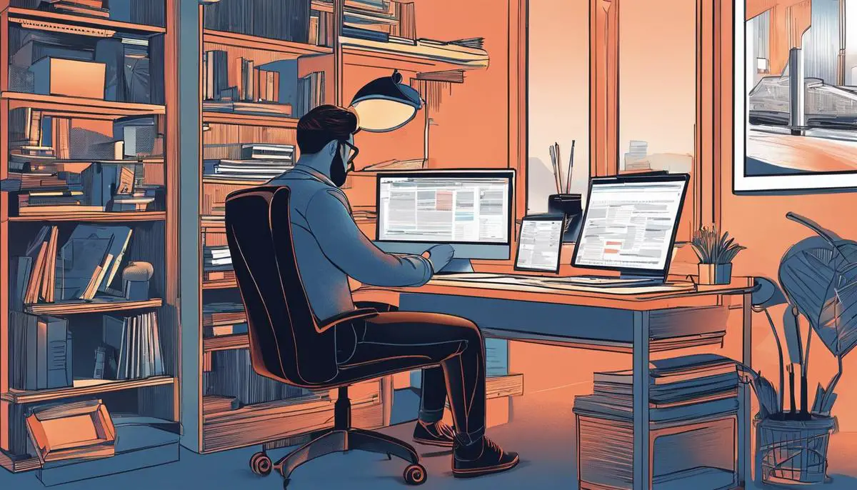 Illustration of a person sitting at a computer working from home, representing remote workers navigating tax complexities.