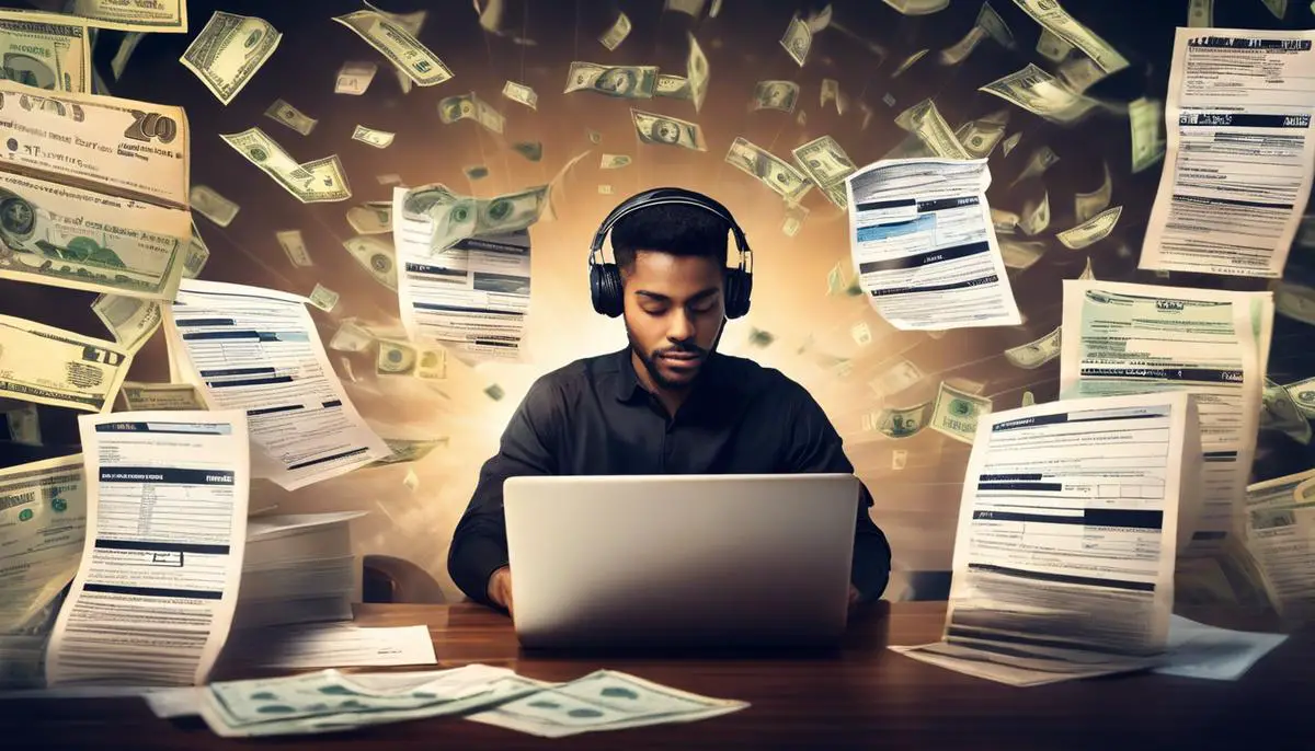Image of a person working remotely on a laptop with tax forms and dollar signs in the background. The image represents the complexity of navigating tax laws for remote workers.