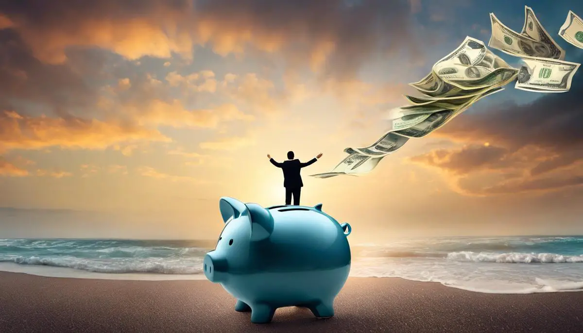 Image of a person holding a piggy bank with money flying out, representing tax strategies for remote workers.